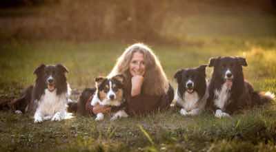 Anja Jakob entspannt liegend im Gras mit ihren vier Border Collies